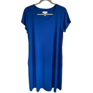 Susan Graver Liquid Knit Dress Short Sleeves Pockets Blue A-Line Sz M Travel